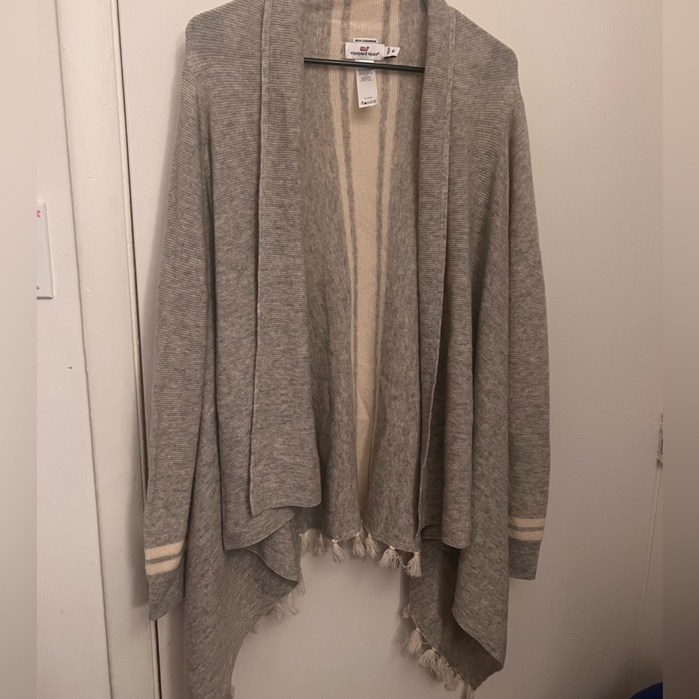 Vineyard Vines - Medium - Gray/White - Merino Wool Cashmere - Fringe - Cardigan